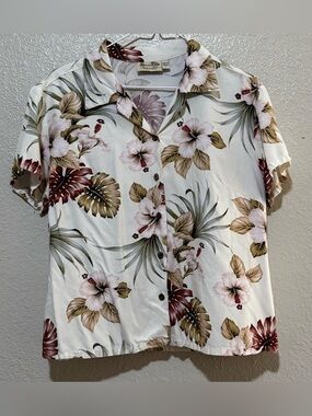 PARADISE BAY W Sz.L Hawaiian Top, Wht Tropical Orchid Aloha SS Shirt USA Resort